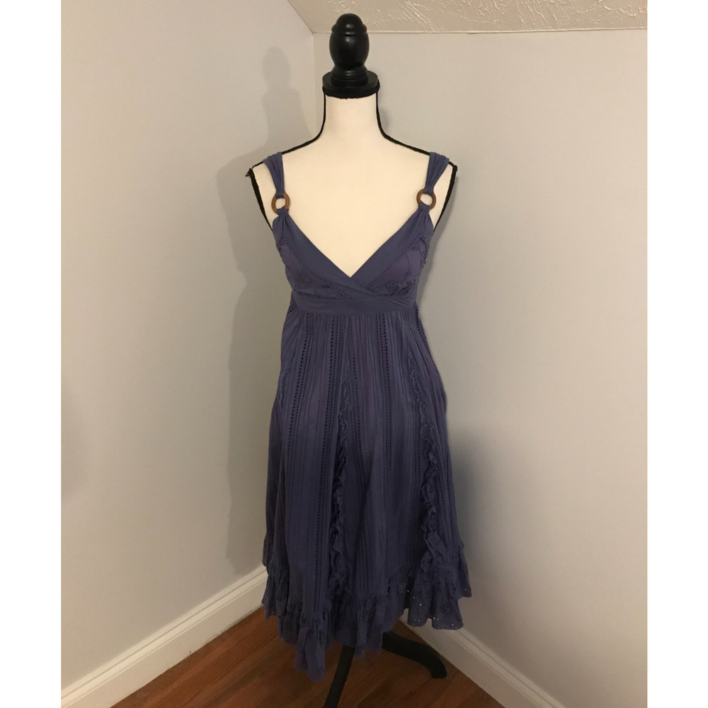 Anthropologie Lithe Savannah Eyelet Lace Sundress Blue Empire Waist Ruffle Sz 2 - Picture 2 of 11